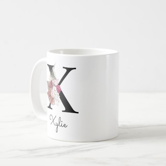 Geborduurde Initiaal S Roze Boho Meisjesachtig Blo Koffiemok (Voorkant links)