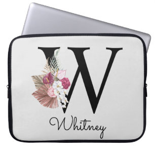 Geborduurde Initiaal W Roze Boho Meisjesachtig Blo Laptop Sleeve