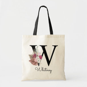 Geborduurde Initiaal W Roze Boho Meisjesachtig Blo Tote Bag