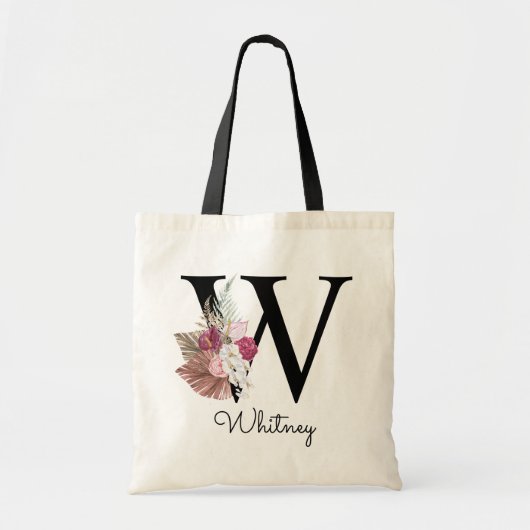 Geborduurde Initiaal W Roze Boho Meisjesachtig Blo Tote Bag (Voorkant)