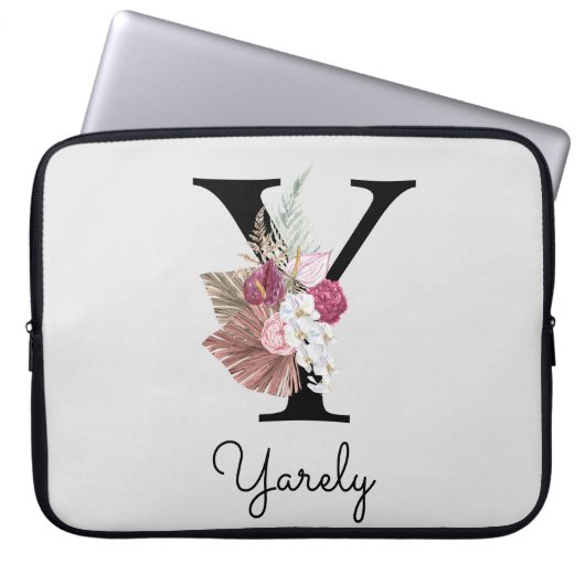 Geborduurde Initiaal Y Roze Boho Bloem Laptop Sleeve (Voorkant)