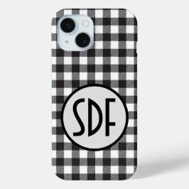 Geborduurde Initialen Zwart Wit Buffalo Plaid iPhone 15 Case