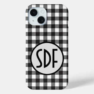Geborduurde Initialen Zwart Wit Buffalo Plaid iPhone 15 Case