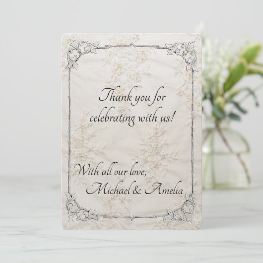 Geborduurde kant bruiloft dank u kaart (Staand voorkant)