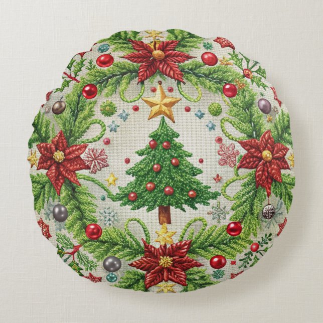 Geborduurde kerst Sierkussen feestelijke vakantie Rond Kussen (Voorkant)
