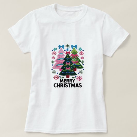 Geborduurde Kerstbomen – Pastel Prettig Kerstfeest T-shirt (Design voorkant)