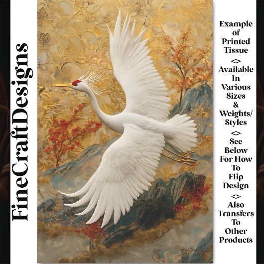 Geborduurde kraan & rode bloesems BW5 Decoupage Tissuepapier