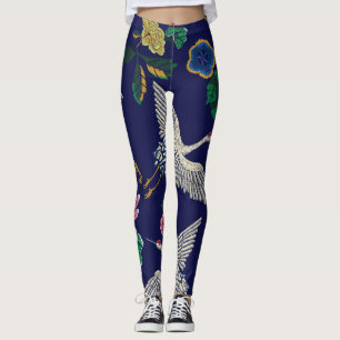 Geborduurde kranen en bloemen,  naadloos p leggings