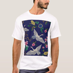 Geborduurde kranen en bloemen, naadloos p t-shirt