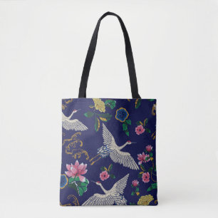 Geborduurde kranen en bloemen,  naadloos p tote bag