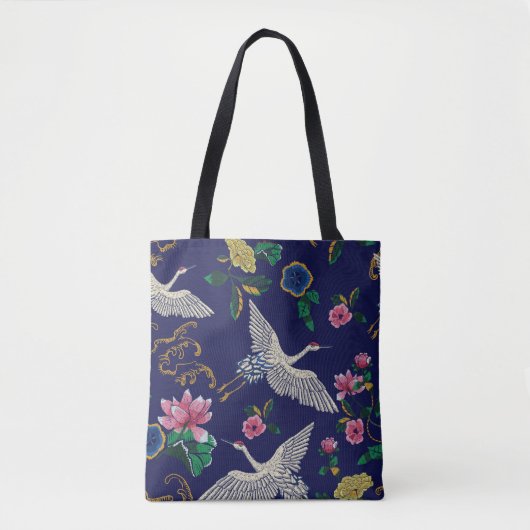Geborduurde kranen en bloemen,  naadloos p tote bag (Voorkant)