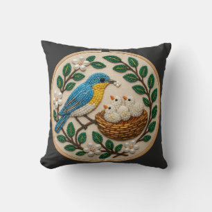 Geborduurde Kunst van Blauwe Vogel Nest met Kralen Kussen