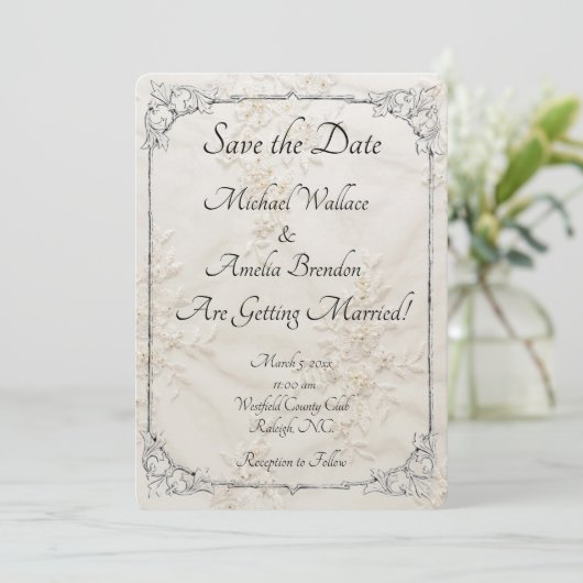 Geborduurde Lace Wedding Save the Date Kaart (Staand voorkant)