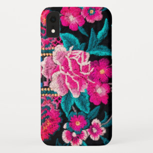 Geborduurde look bloemenboho zwart roze Case-Mate iPhone case