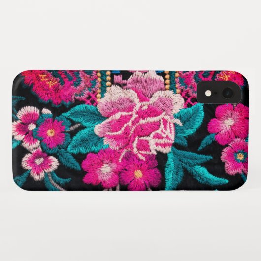 Geborduurde look bloemenboho zwart roze Case-Mate iPhone case (Achterkant (horizontaal))