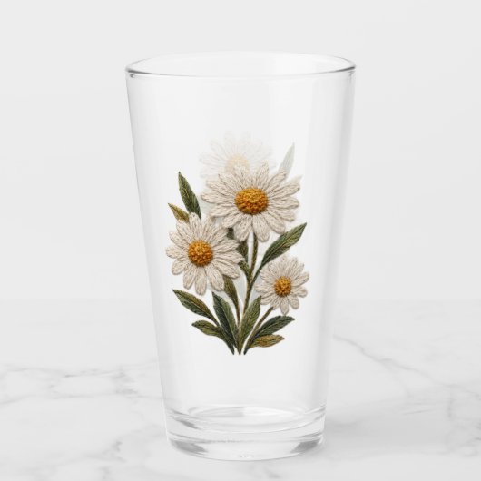 Geborduurde Madelief Bloei Glas (Voorkant)