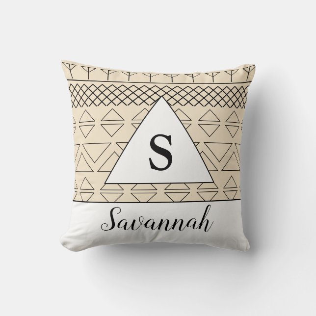 Geborduurde naam Beige geometrisch patroonprint Kussen (Voorkant)