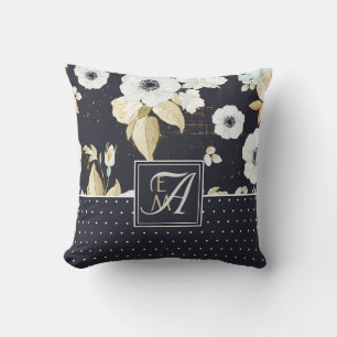 Geborduurde Navy Blauwe Witte ANEMONE Bloemendecor Kussen