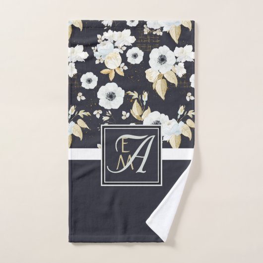 Geborduurde Navy Blauwe Witte Bloemendecor Anemone Bad Handdoek (Handdoek)