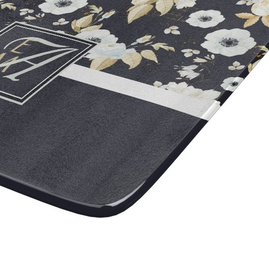 Geborduurde Navy Blauwe Witte Bloemendecor Anemone Snijplank (Hoek)