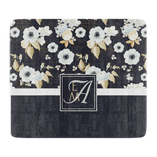 Geborduurde Navy Blauwe Witte Bloemendecor Anemone Snijplank (Voorkant)