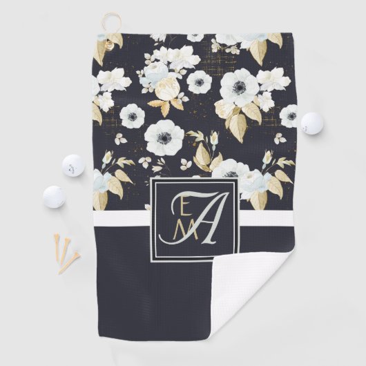 Geborduurde Navy Blauwe Witte Bloemendecor Anemoon Golfhanddoek (Insitu)