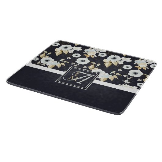 Geborduurde Navy Blauwe Witte Bloemendecor Anemoon Snijplank (Hoek)