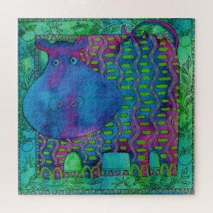 Geborduurde Nijlpaard Waterverf Illustratie Legpuzzel
