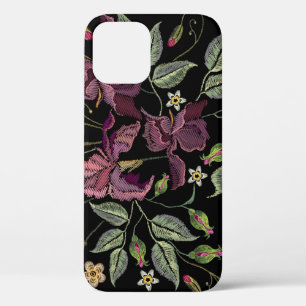 Geborduurde Paarse irissen zwarte achtergrond. Case-Mate iPhone Case
