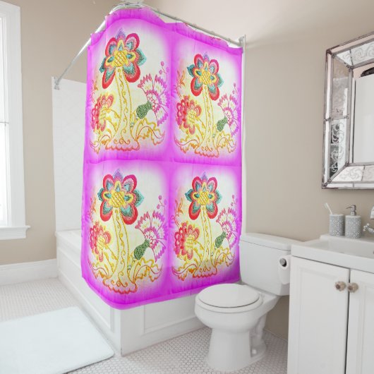 geborduurde palmbomen roze douchegordijn (In situ)