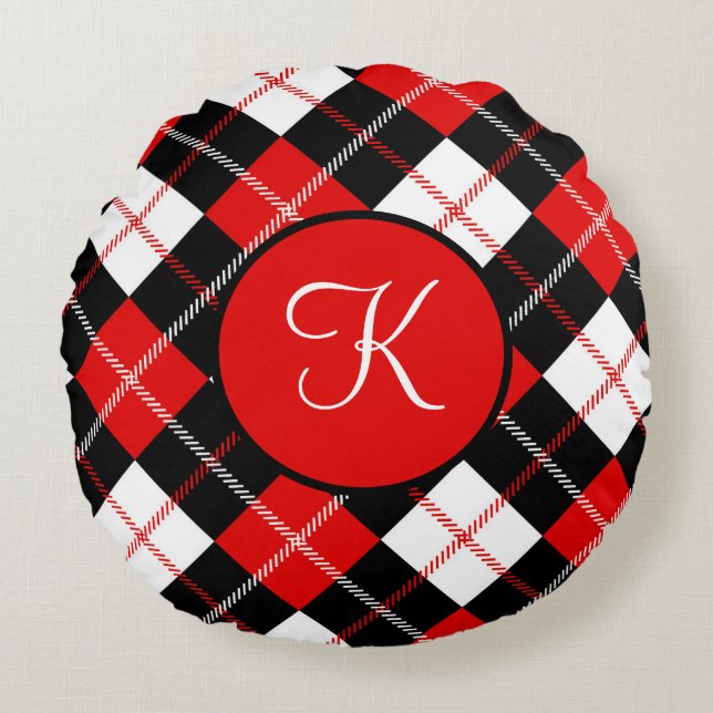 Geborduurde Rood Zwart Wit Argyle Schotse Ruit Rond Kussen (Voorkant)