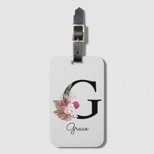 Geborduurde Roze Bloem Initialen G Bagagelabel (Voorkant (verticaal))