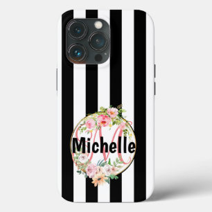 Geborduurde Roze Bloemrijke Chic Zwart & Wit Gestr Case-Mate iPhone Case