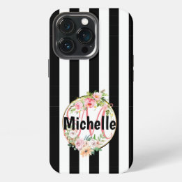 Geborduurde Roze Bloemrijke Chic Zwart & Wit Gestr iPhone 13 Pro Hoesje
