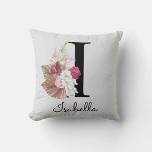 Geborduurde Roze Boho Bloem Initial I Kussen