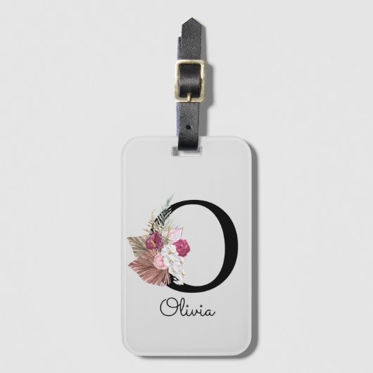 Geborduurde Roze Boho Bloem Initial O Bagagelabel (Voorkant (verticaal))