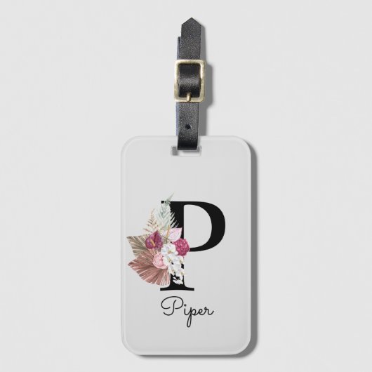Geborduurde Roze Boho Bloem Initial P Bagagelabel (Voorkant (verticaal))
