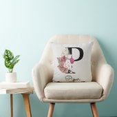 Geborduurde Roze Boho Bloem Initial P Kussen (Stoel)