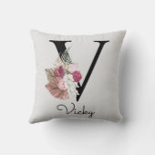 Geborduurde Roze Boho Bloem Initial V Kussen (Achterkant)