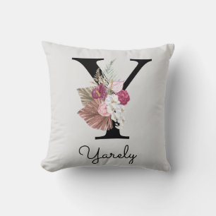 Geborduurde Roze Boho Bloem Initial Y Kussen