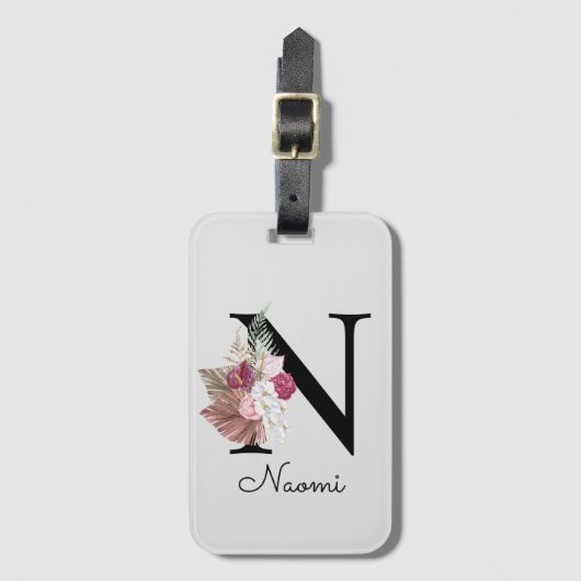 Geborduurde Roze Boho Bloem Initialen N Bagagelabel (Voorkant (verticaal))