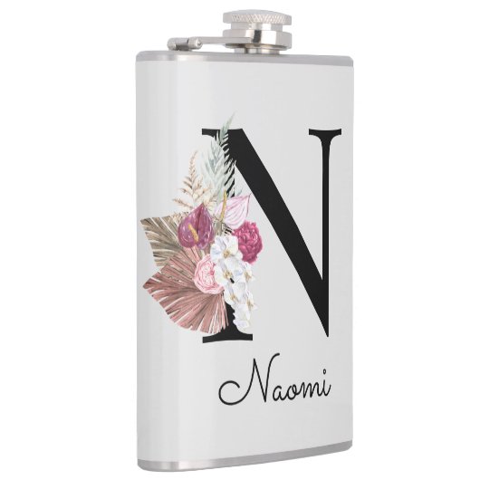 Geborduurde Roze Boho Bloemige Initiaal N Heupfles (Rechts)