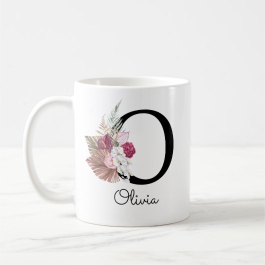 Geborduurde Roze Boho Bloemrijke Initiaal O Koffiemok (Links)