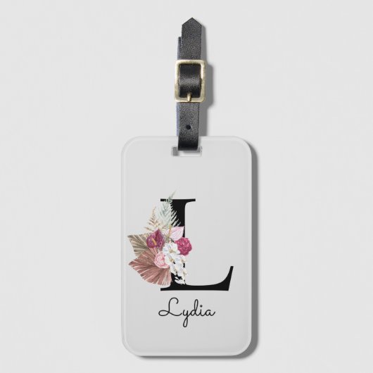 Geborduurde Roze Boho Meisjesachtige Bloem Initial Bagagelabel (Voorkant (verticaal))