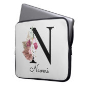 Geborduurde Roze Boho Meisjesachtige Bloem Initial Laptop Sleeve (Voorkant Links)
