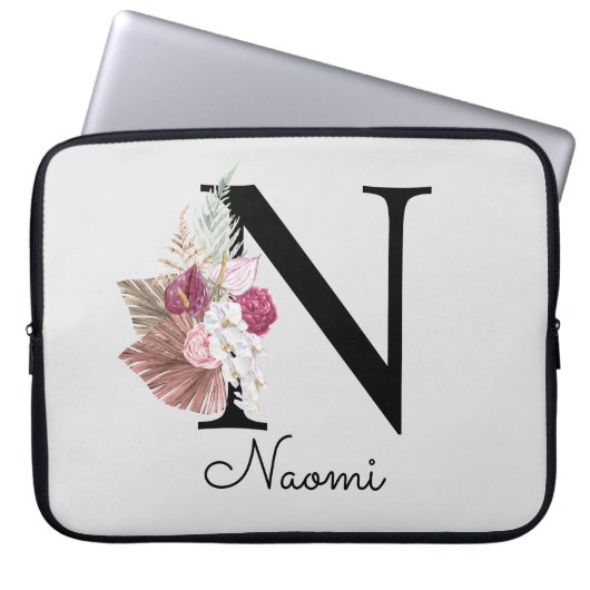 Geborduurde Roze Boho Meisjesachtige Bloem Initial Laptop Sleeve (Voorkant)