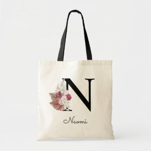 Geborduurde Roze Boho Meisjesachtige Bloem Initial Tote Bag