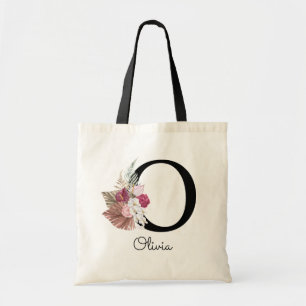 Geborduurde Roze Boho Meisjesachtige Bloem Initial Tote Bag
