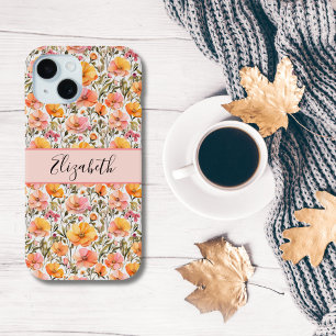 Geborduurde Roze Gele Oranje Wilde Bloemen Cadeau iPhone 15 Case