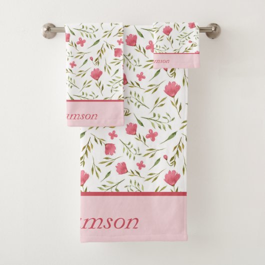 Geborduurde Roze Groene Bloem Bad Handdoek (Insitu)